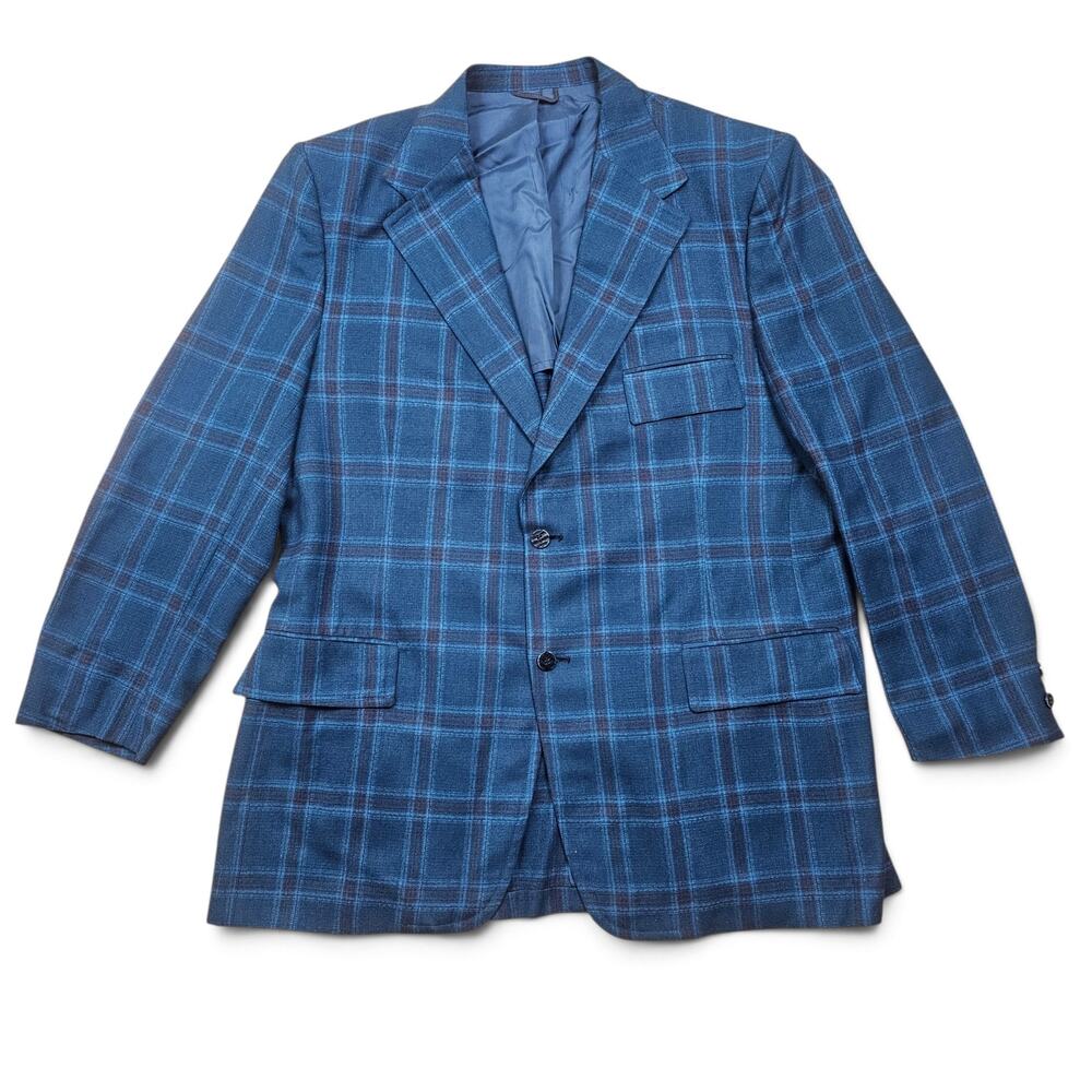 SEARS The Men's Store Blazer Men's 48R VTG 70's USA Retro Blue Plaid Sport Coat